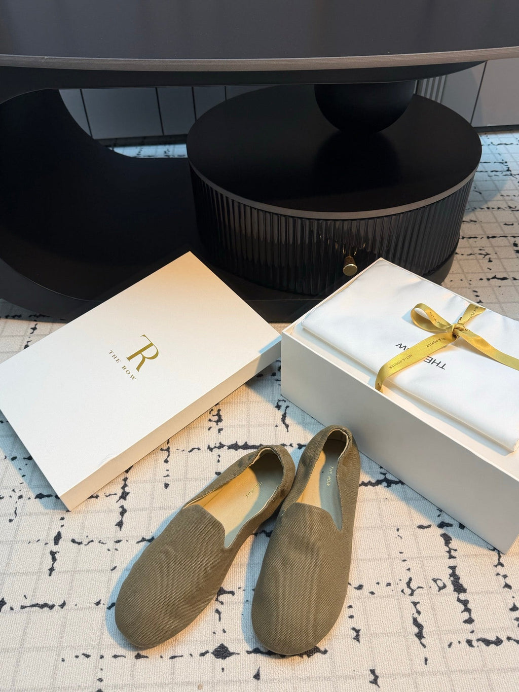 THE ROW 26S LOAFERS IN OLIVE GREEN CANVAS