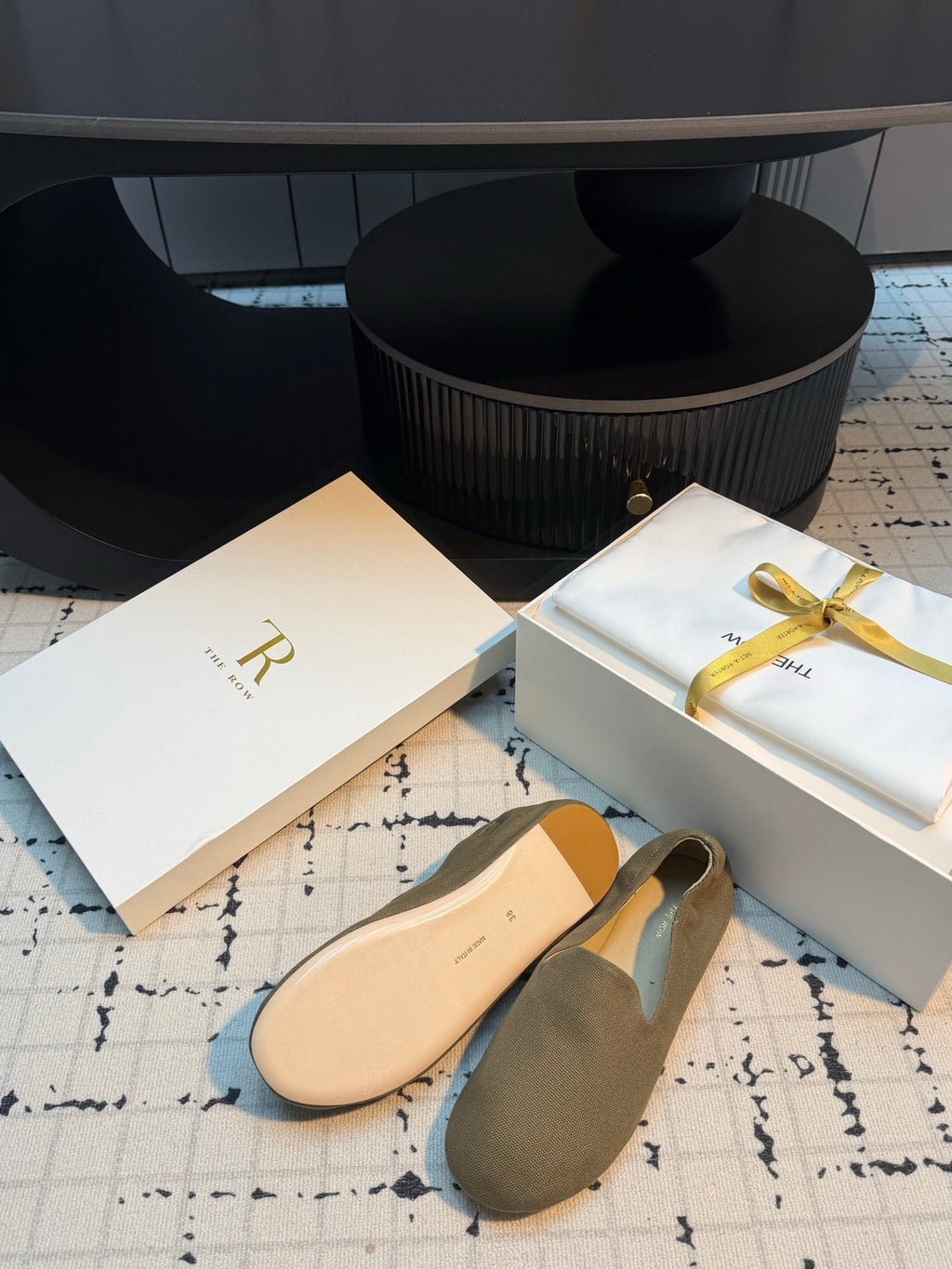 THE ROW 26S LOAFERS IN OLIVE GREEN CANVAS