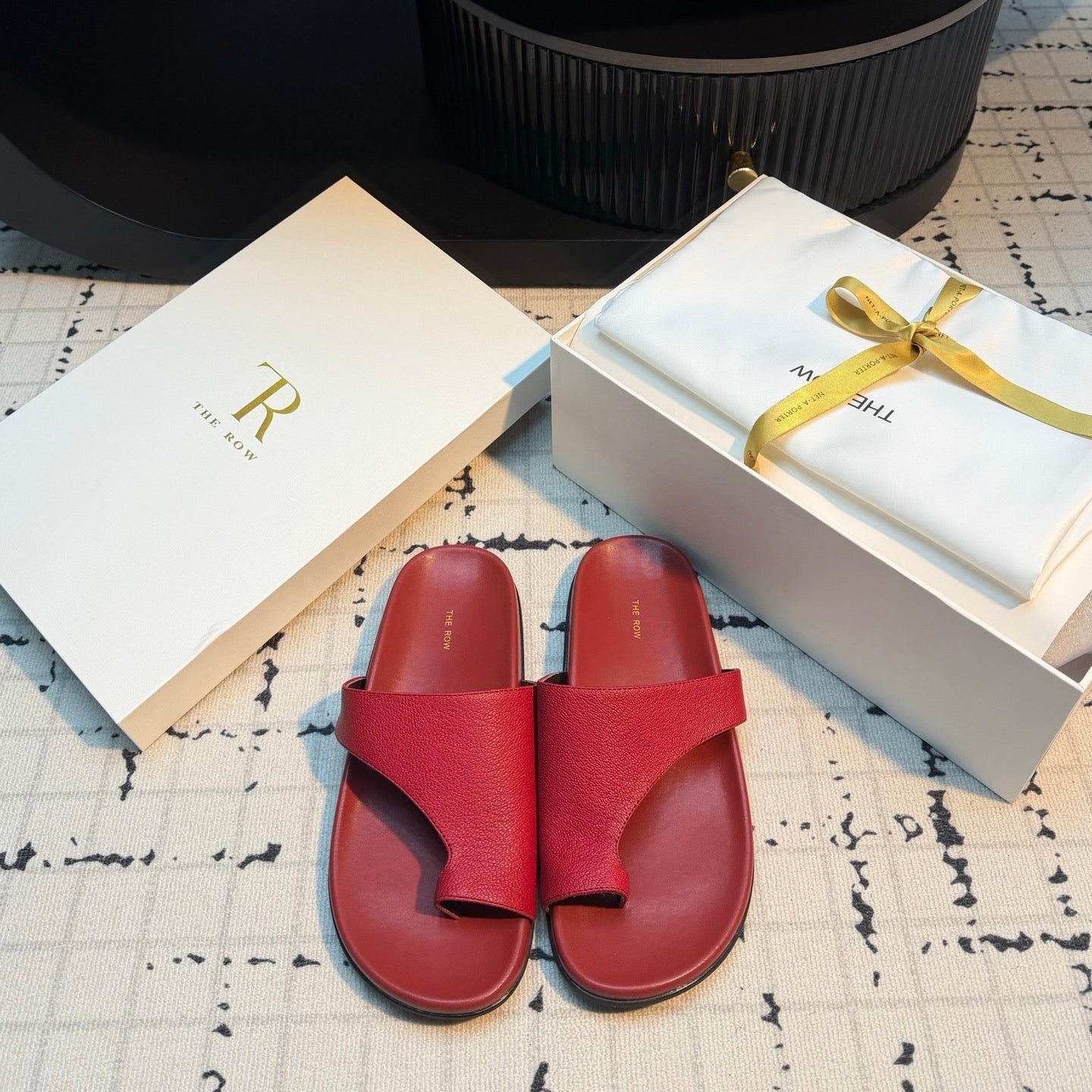 THE ROW 26S THONG SLIDE SANDALS IN DARK RED CALFSKIN