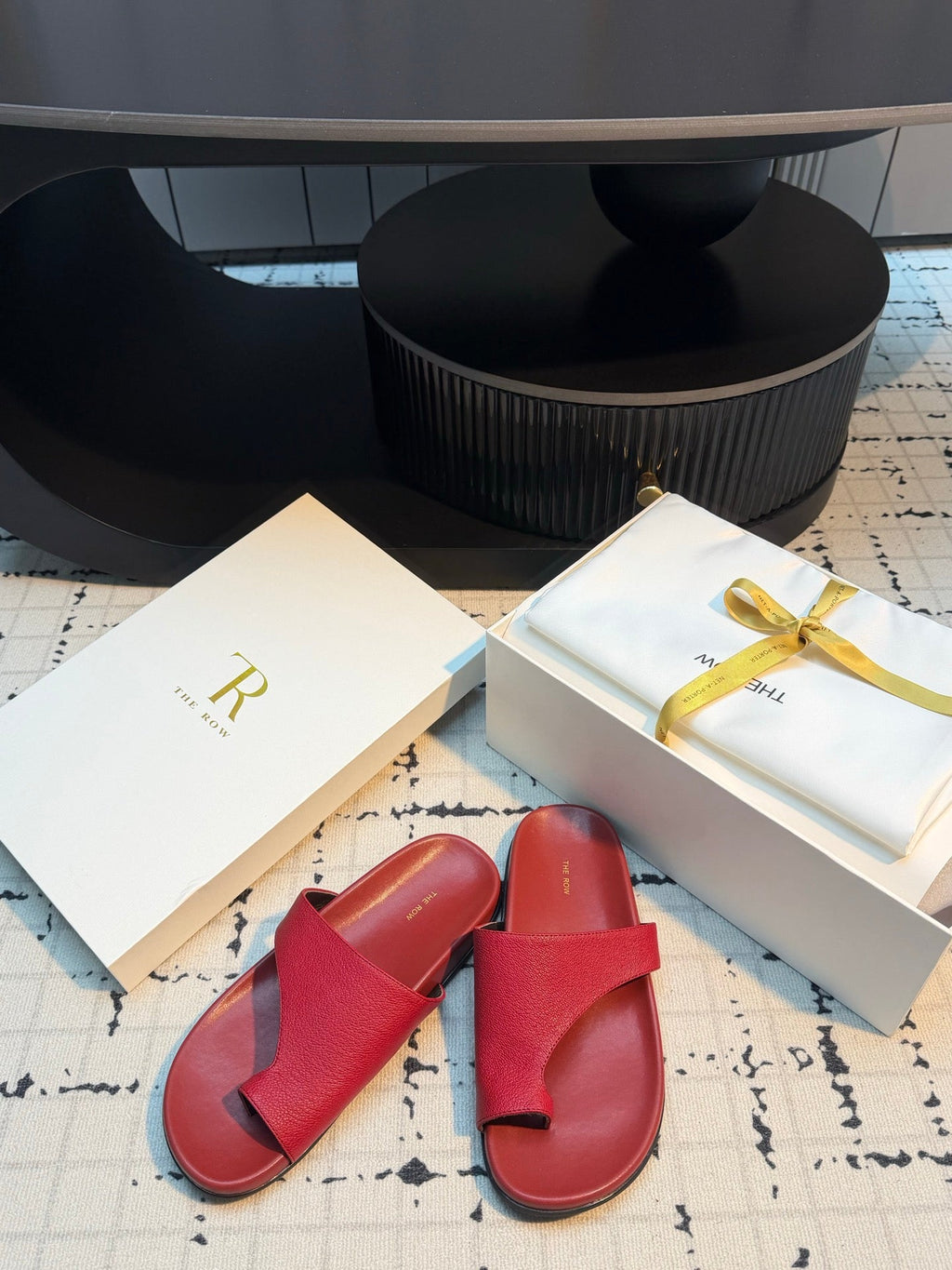 THE ROW 26S THONG SLIDE SANDALS IN DARK RED CALFSKIN