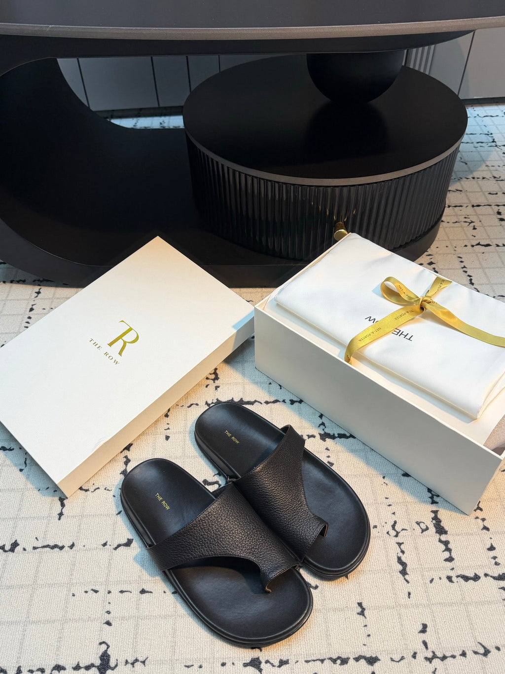 THE ROW 26S THONG SLIDE SANDALS IN BLACK CALFSKIN