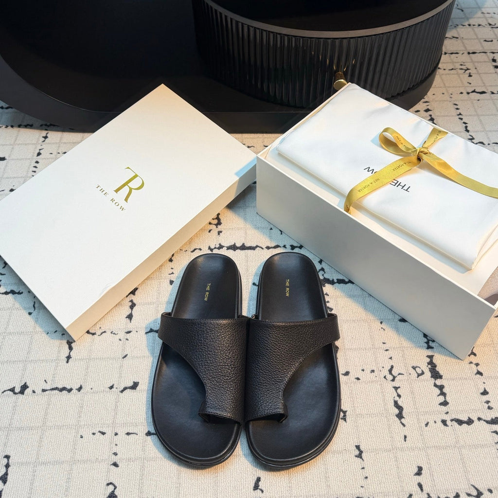 THE ROW 26S THONG SLIDE SANDALS IN BLACK CALFSKIN