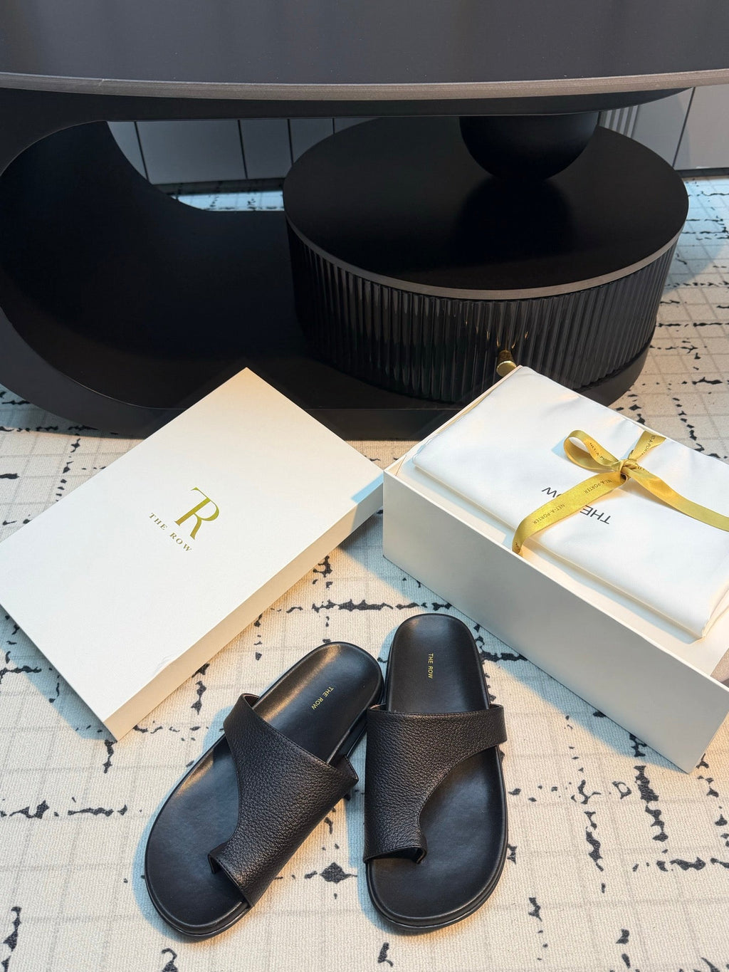 THE ROW 26S THONG SLIDE SANDALS IN BLACK CALFSKIN