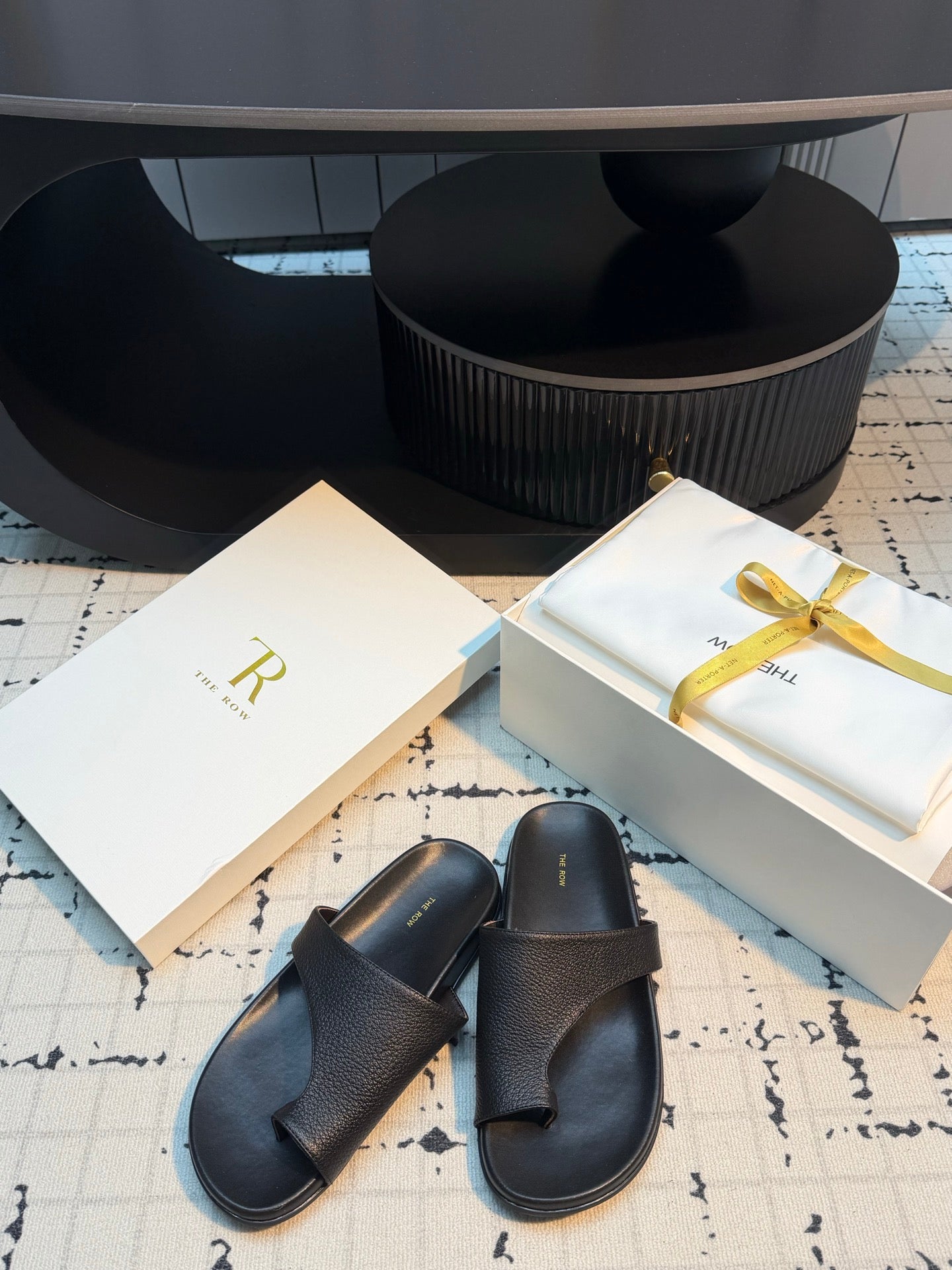 THE ROW 26S THONG SLIDE SANDALS IN BLACK CALFSKIN