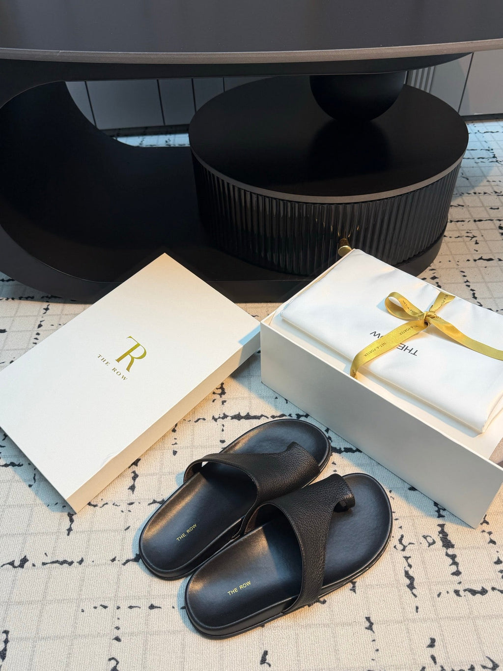 THE ROW 26S THONG SLIDE SANDALS IN BLACK CALFSKIN