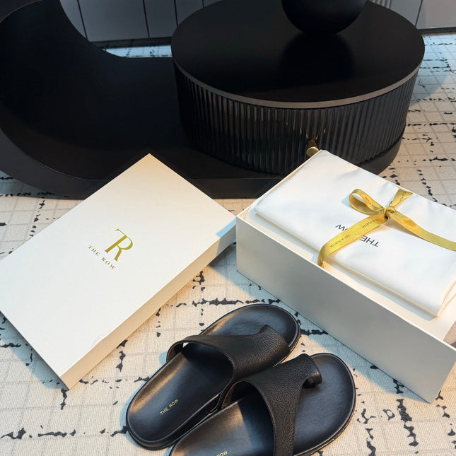 THE ROW 26S THONG SLIDE SANDALS IN BLACK CALFSKIN