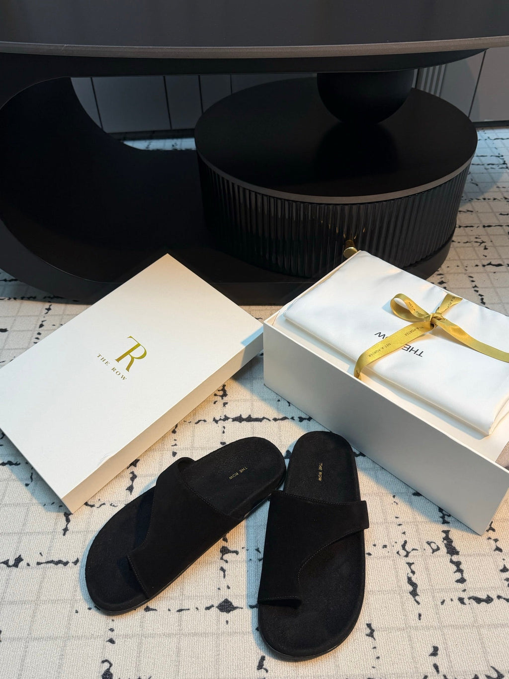 THE ROW 26S THONG SLIDE SANDALS IN BLACK SUEDE