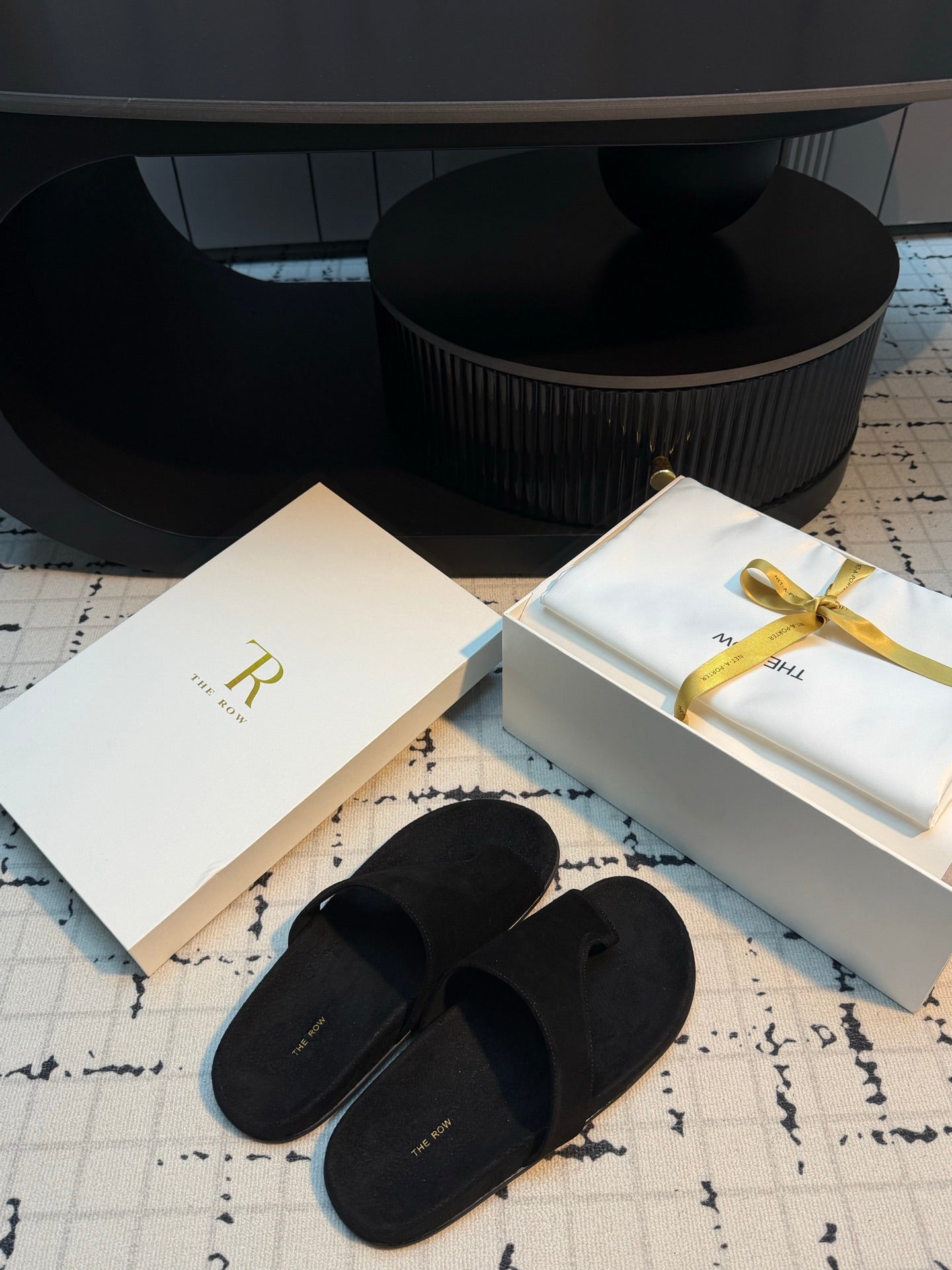 THE ROW 26S THONG SLIDE SANDALS IN BLACK SUEDE
