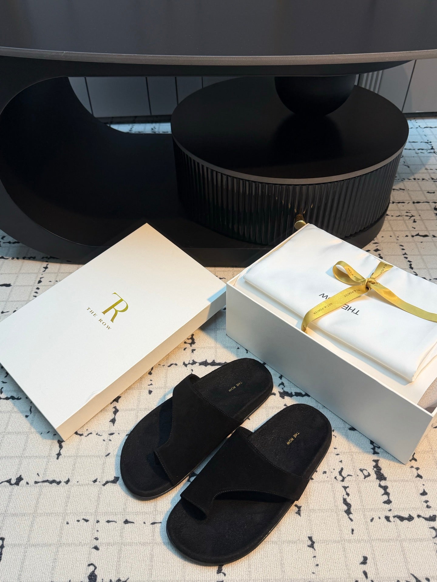 THE ROW 26S THONG SLIDE SANDALS IN BLACK SUEDE