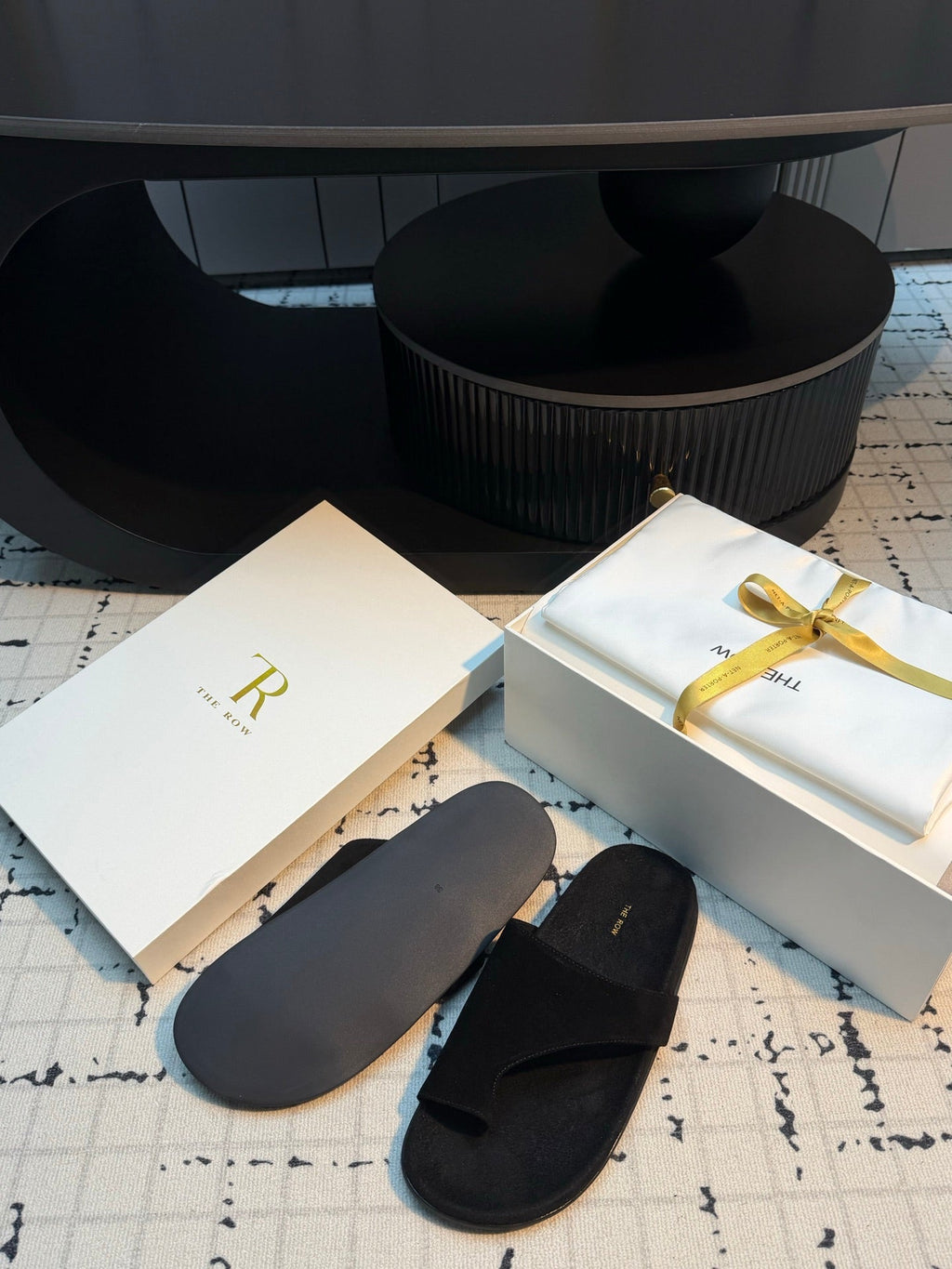 THE ROW 26S THONG SLIDE SANDALS IN BLACK SUEDE