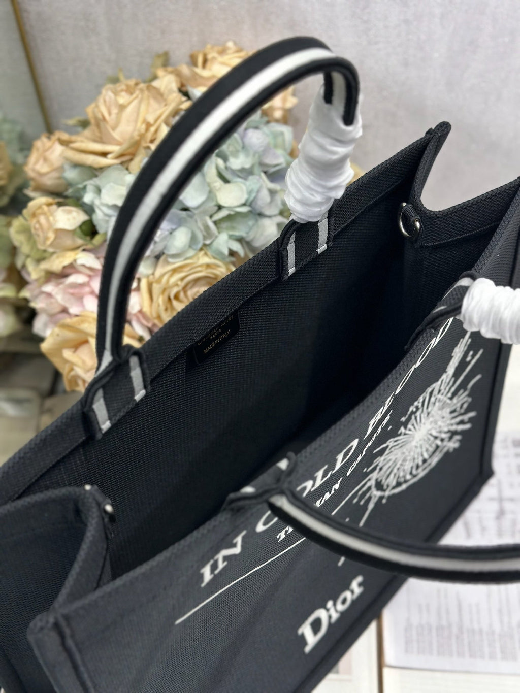 DIOR 26S BOOK TOTE BAG 42 IN BLACK EMBROIDERED LETTERING FABRIC