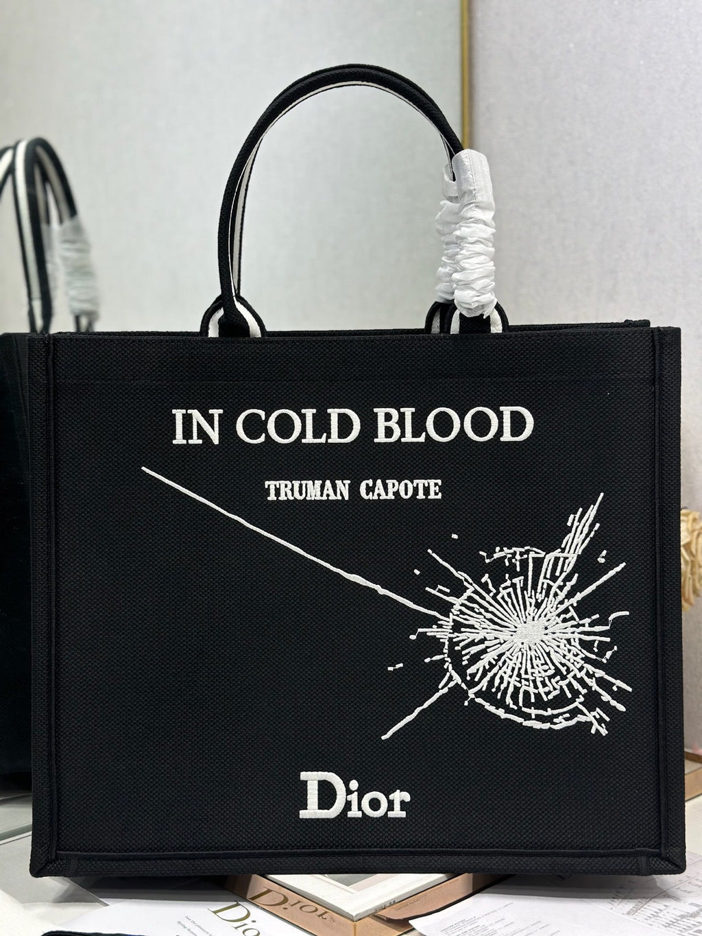 DIOR 26S BOOK TOTE BAG 42 IN BLACK EMBROIDERED LETTERING FABRIC