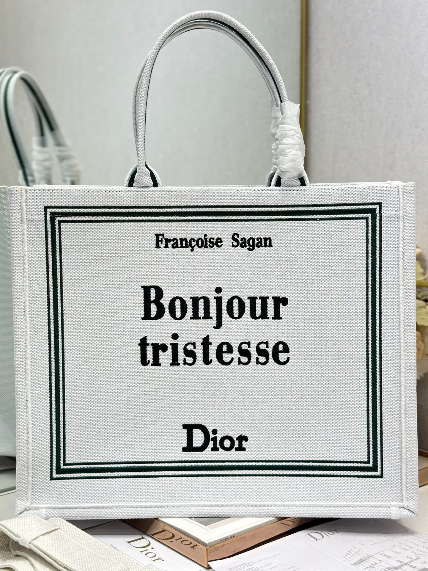 DIOR 26S BOOK TOTE BAG 42 IN WHITE EMBROIDERED LETTERING FABRIC