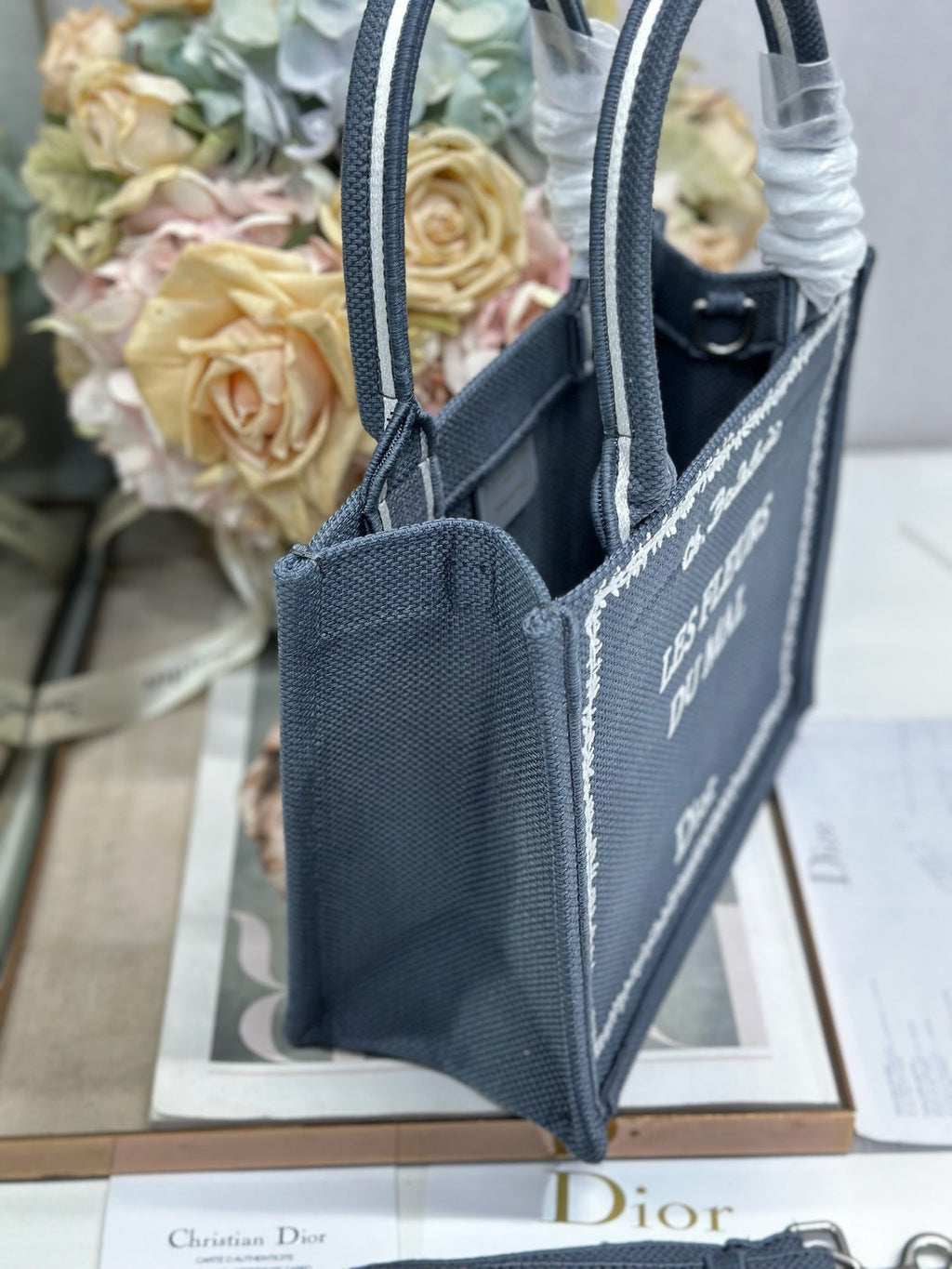 DIOR 26S BOOK TOTE BAG 26 IN GREY EMBROIDERED LETTERING FABRIC