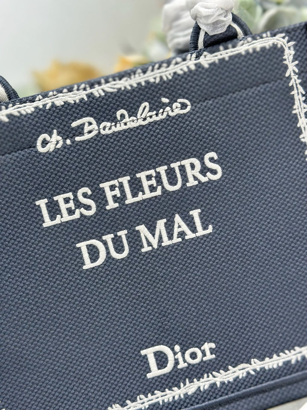 DIOR 26S BOOK TOTE BAG 26 IN GREY EMBROIDERED LETTERING FABRIC