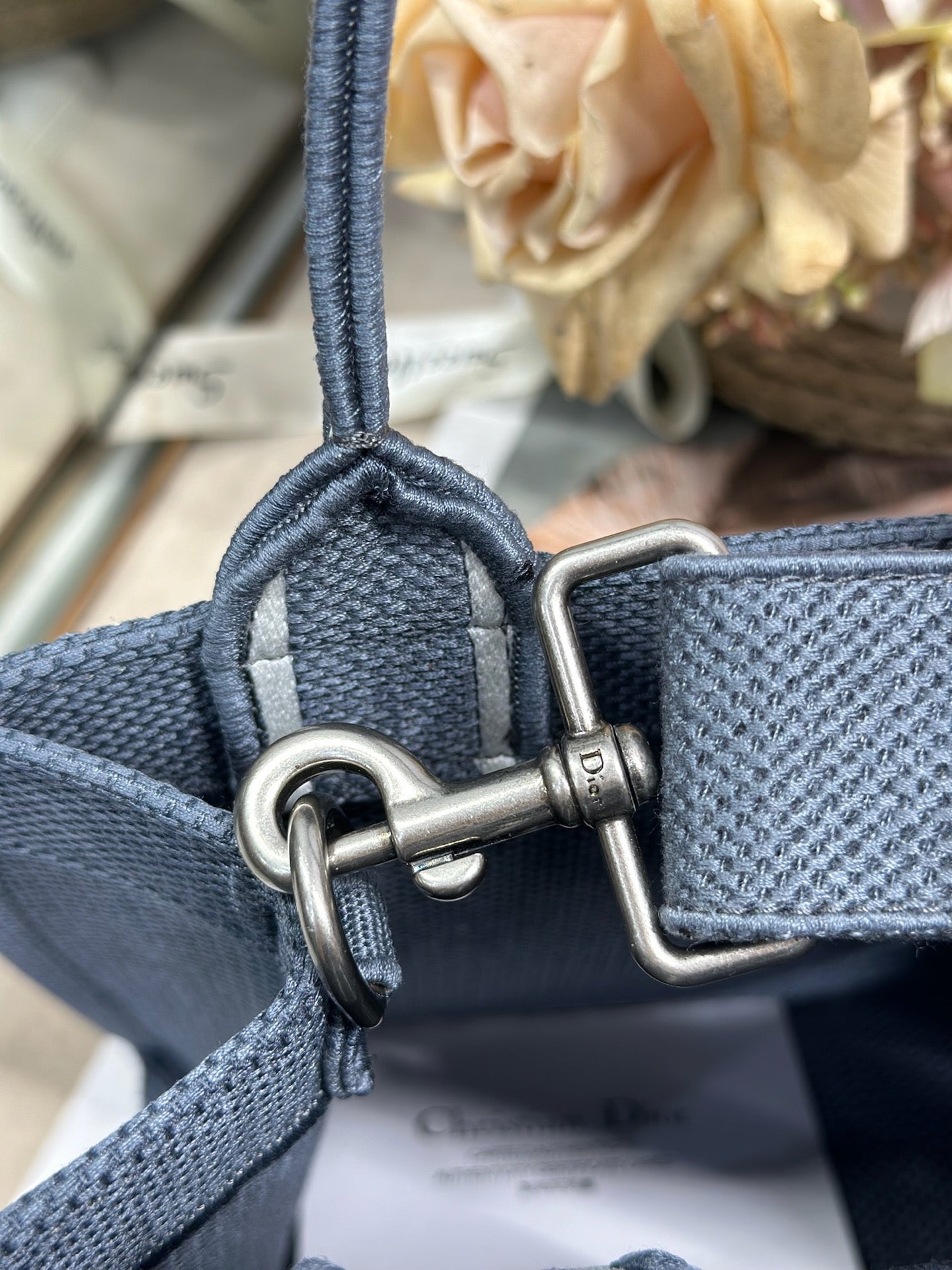 DIOR 26S BOOK TOTE BAG 26 IN GREY EMBROIDERED LETTERING FABRIC