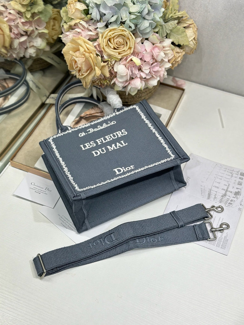 DIOR 26S BOOK TOTE BAG 26 IN GREY EMBROIDERED LETTERING FABRIC