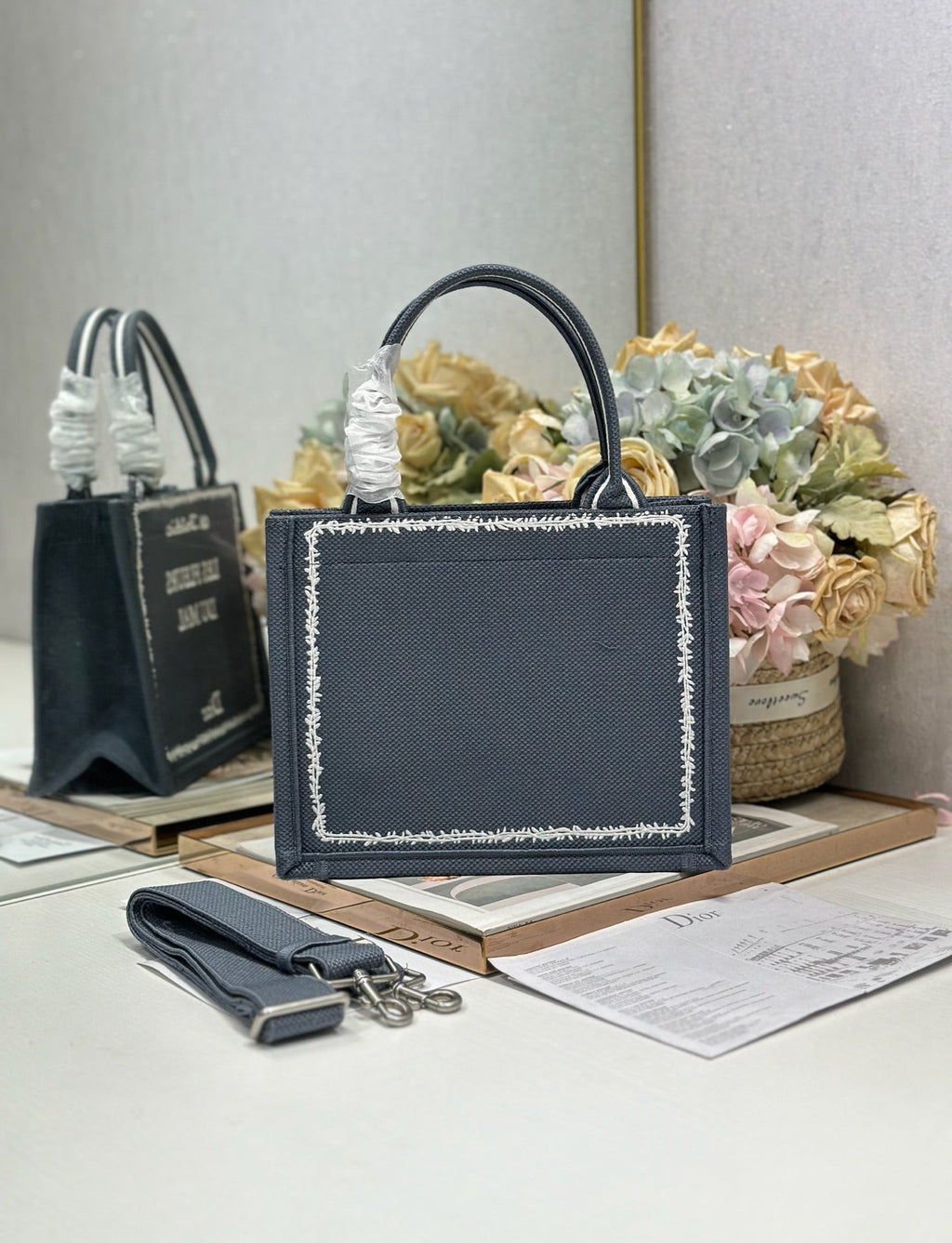 DIOR 26S BOOK TOTE BAG 26 IN GREY EMBROIDERED LETTERING FABRIC