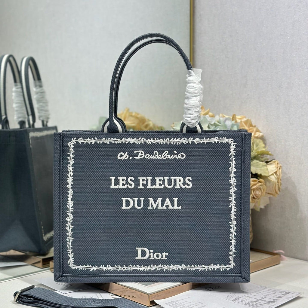 DIOR 26S BOOK TOTE BAG 36 IN GREY EMBROIDERED LETTERING FABRIC