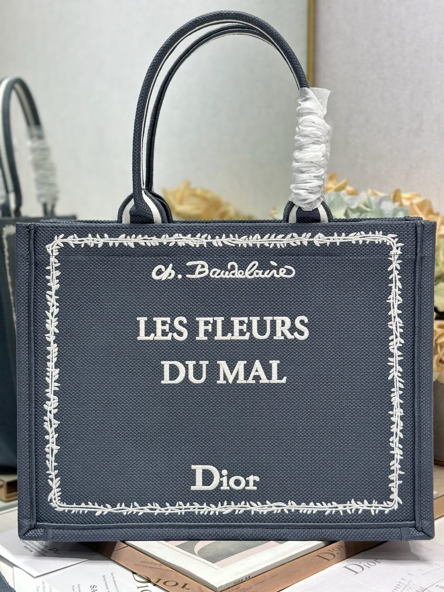 DIOR 26S BOOK TOTE BAG 36 IN GREY EMBROIDERED LETTERING FABRIC
