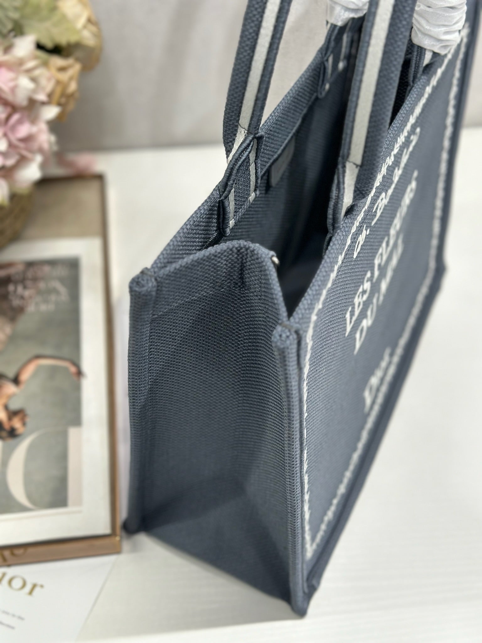 DIOR 26S BOOK TOTE BAG 36 IN GREY EMBROIDERED LETTERING FABRIC