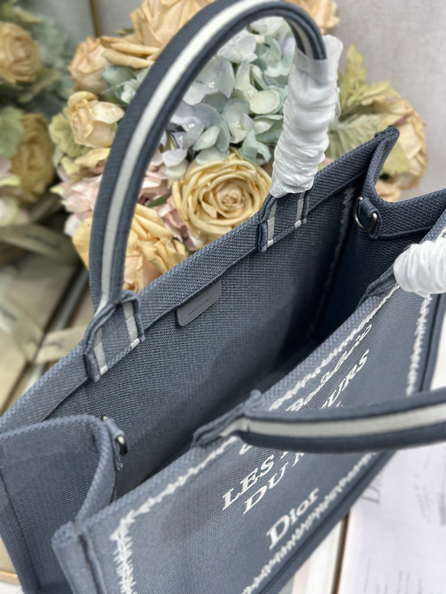 DIOR 26S BOOK TOTE BAG 36 IN GREY EMBROIDERED LETTERING FABRIC