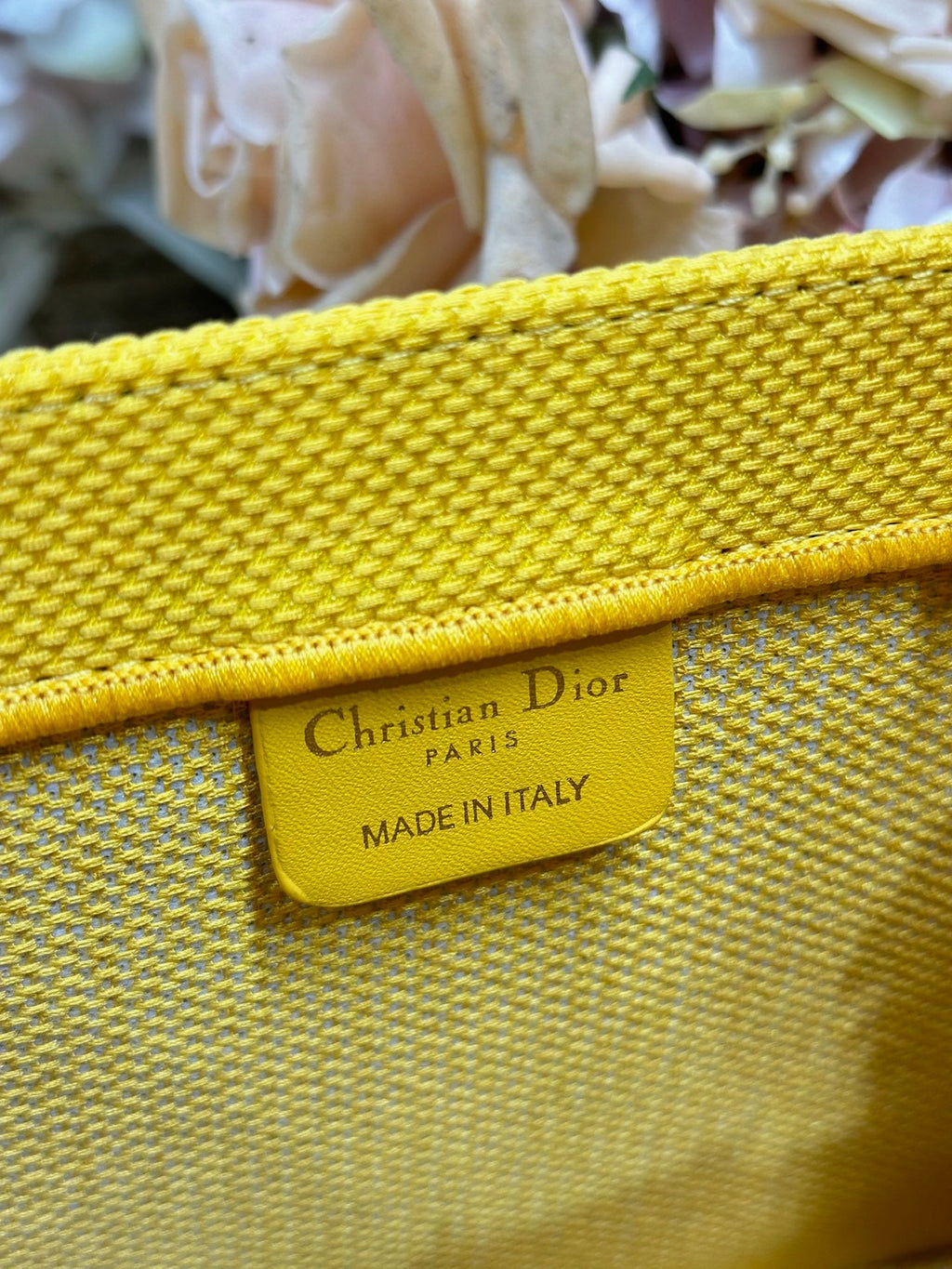 DIOR 26S BOOK TOTE BAG 26 IN YELLOW EMBROIDERED LETTERING FABRIC