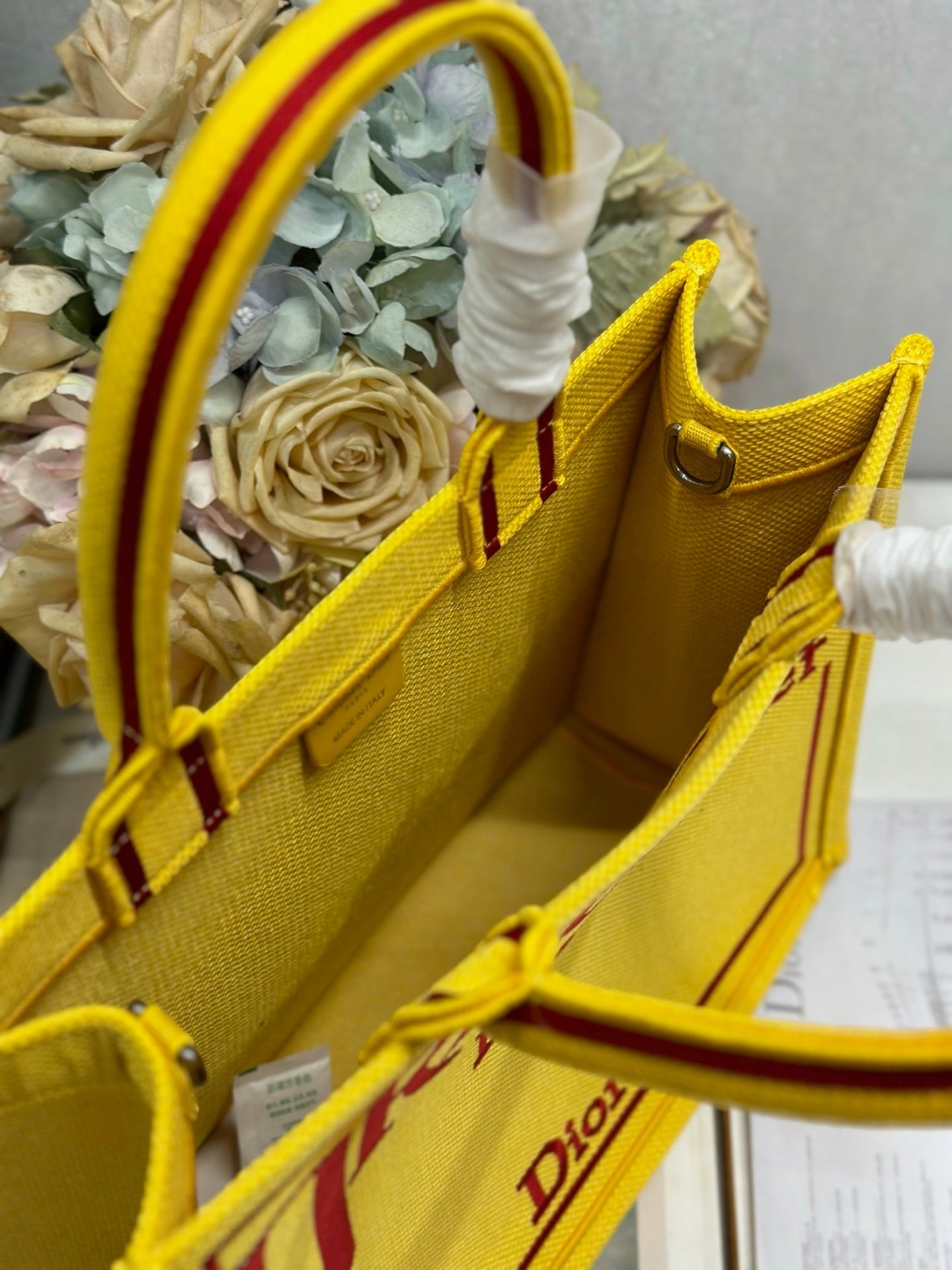 DIOR 26S BOOK TOTE BAG 36 IN YELLOW EMBROIDERED LETTERING FABRIC