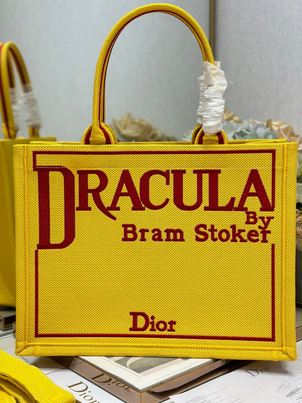DIOR 26S BOOK TOTE BAG 36 IN YELLOW EMBROIDERED LETTERING FABRIC