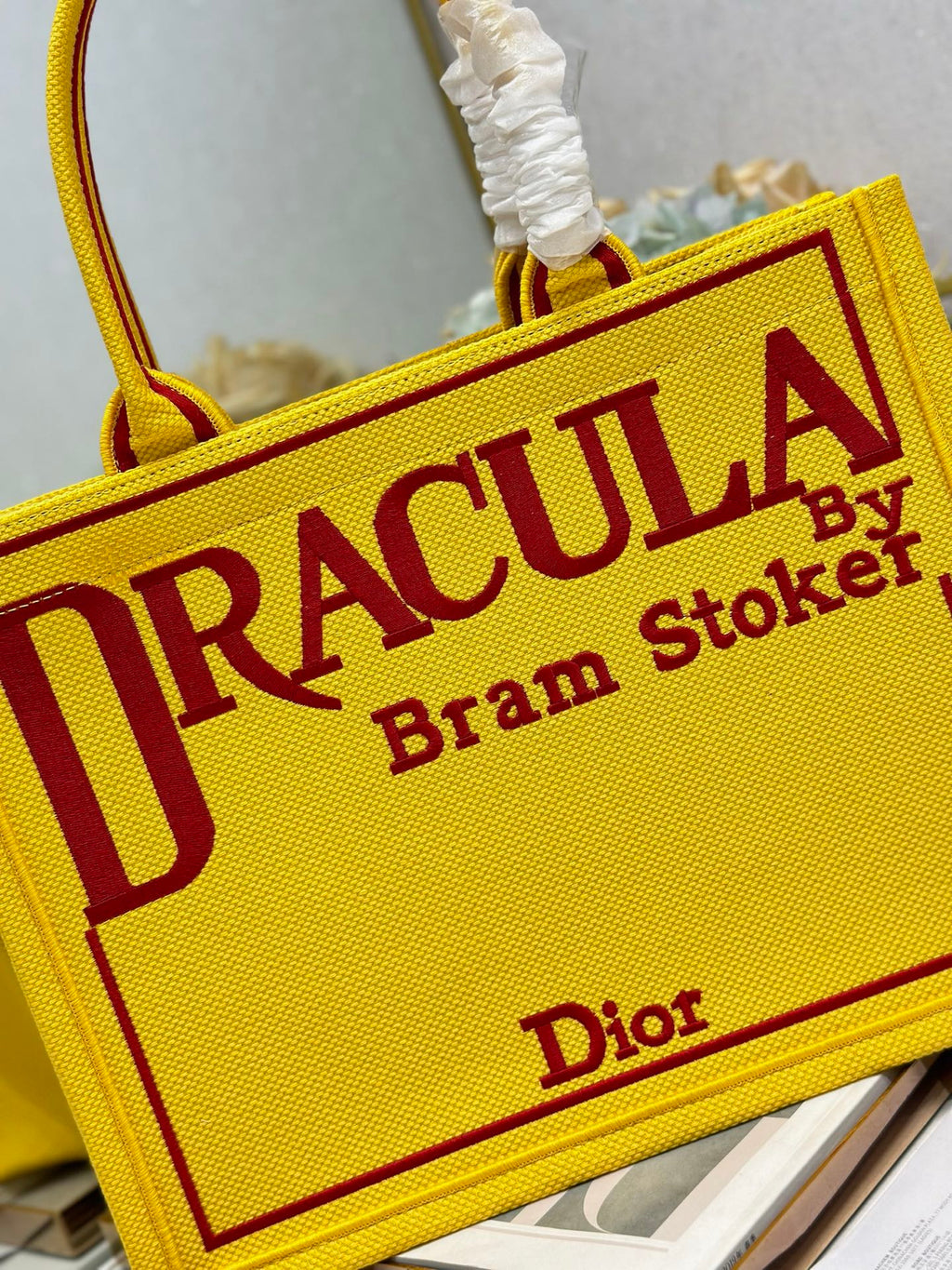 DIOR 26S BOOK TOTE BAG 36 IN YELLOW EMBROIDERED LETTERING FABRIC