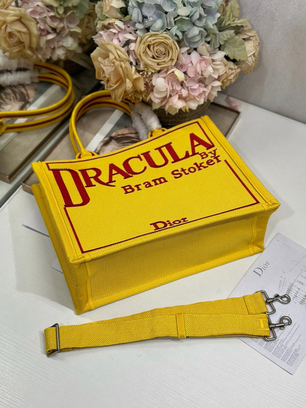 DIOR 26S BOOK TOTE BAG 36 IN YELLOW EMBROIDERED LETTERING FABRIC
