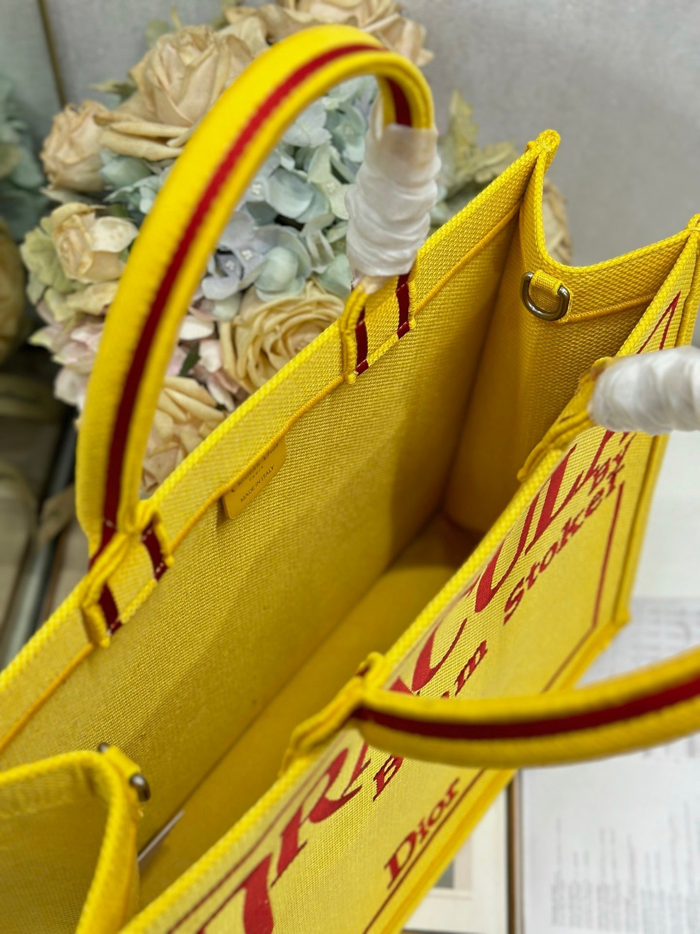 DIOR 26S BOOK TOTE BAG 42 IN YELLOW EMBROIDERED LETTERING FABRIC