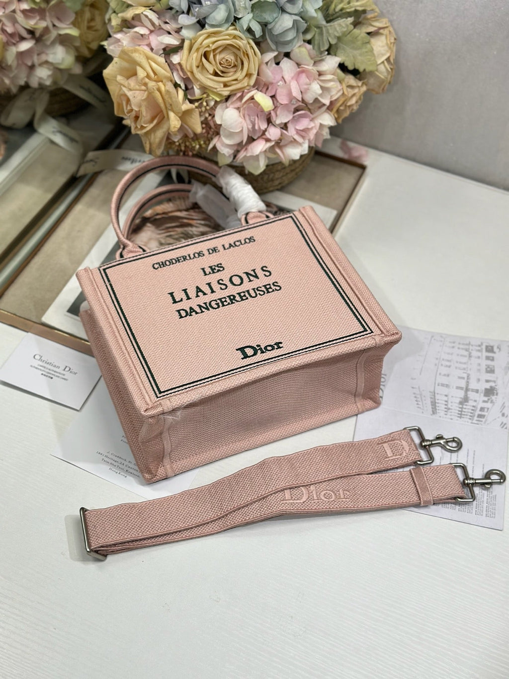 DIOR 26S BOOK TOTE BAG 26 IN PINK EMBROIDERED LETTERING FABRIC