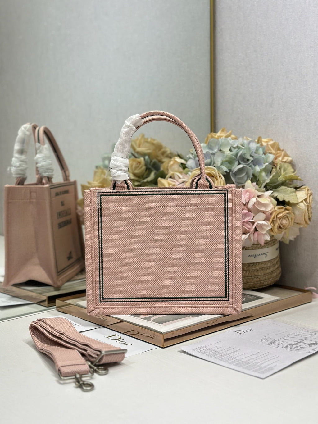 DIOR 26S BOOK TOTE BAG 26 IN PINK EMBROIDERED LETTERING FABRIC