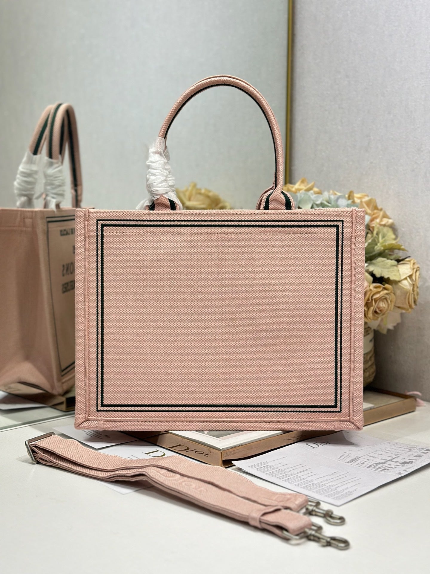 DIOR 26S BOOK TOTE BAG 36 IN PINK EMBROIDERED LETTERING FABRIC
