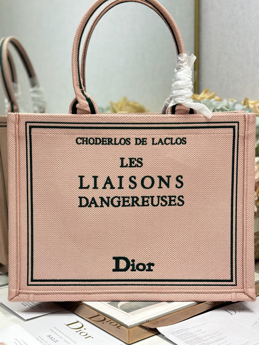DIOR 26S BOOK TOTE BAG 36 IN PINK EMBROIDERED LETTERING FABRIC