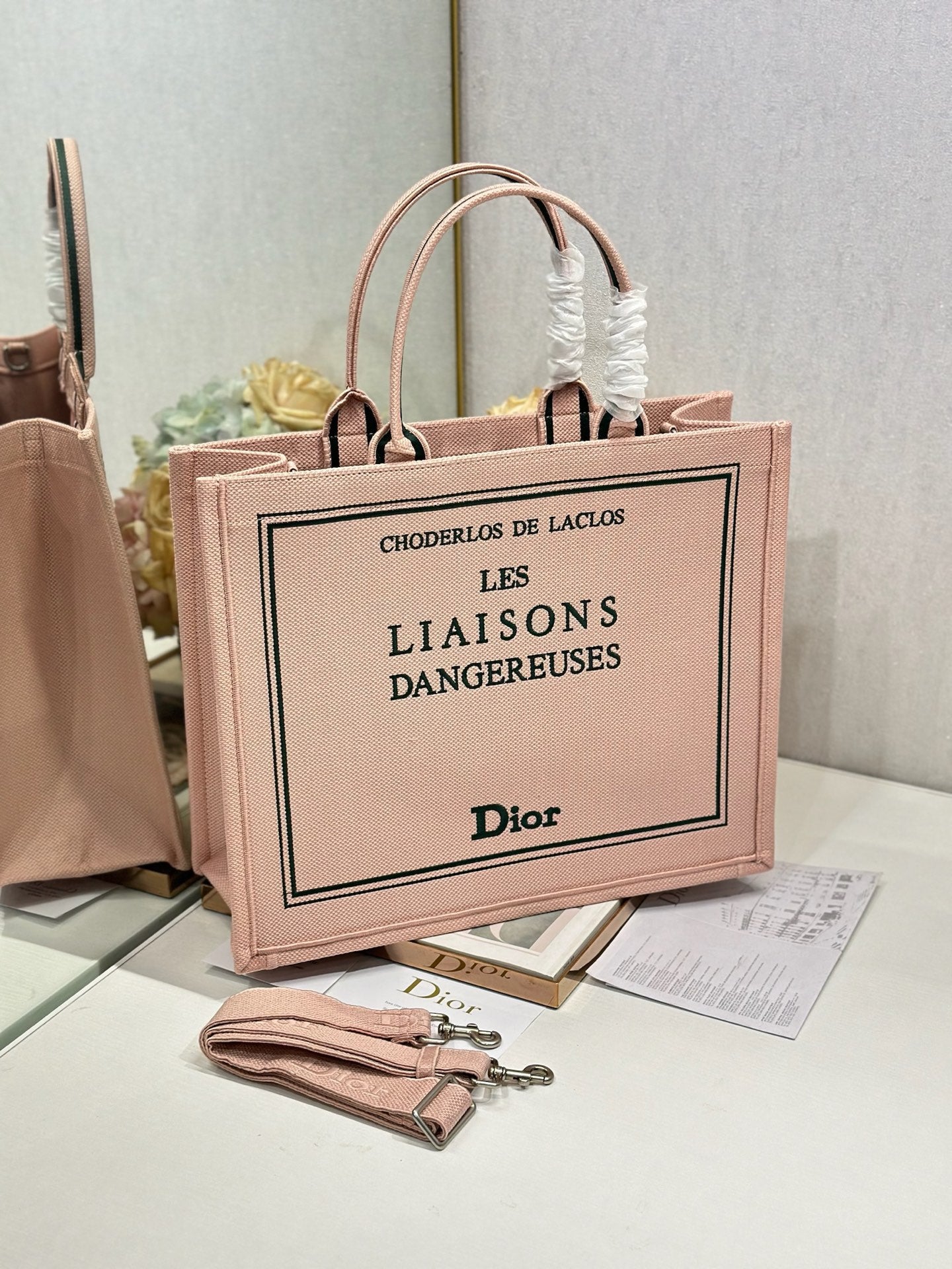 DIOR 26S BOOK TOTE BAG 42 IN PINK EMBROIDERED LETTERING FABRIC