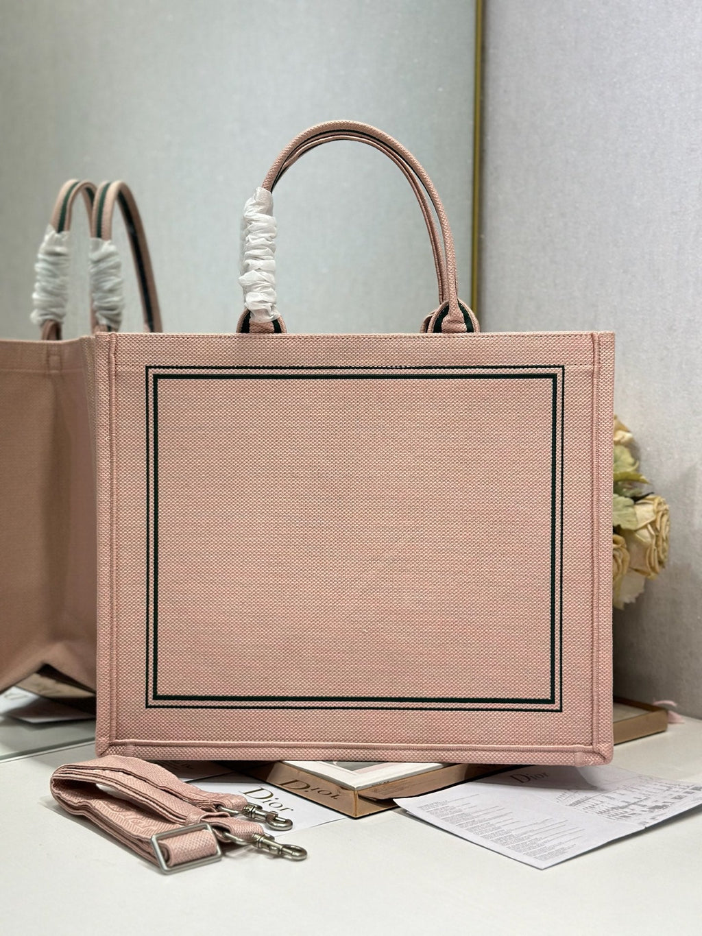 DIOR 26S BOOK TOTE BAG 42 IN PINK EMBROIDERED LETTERING FABRIC