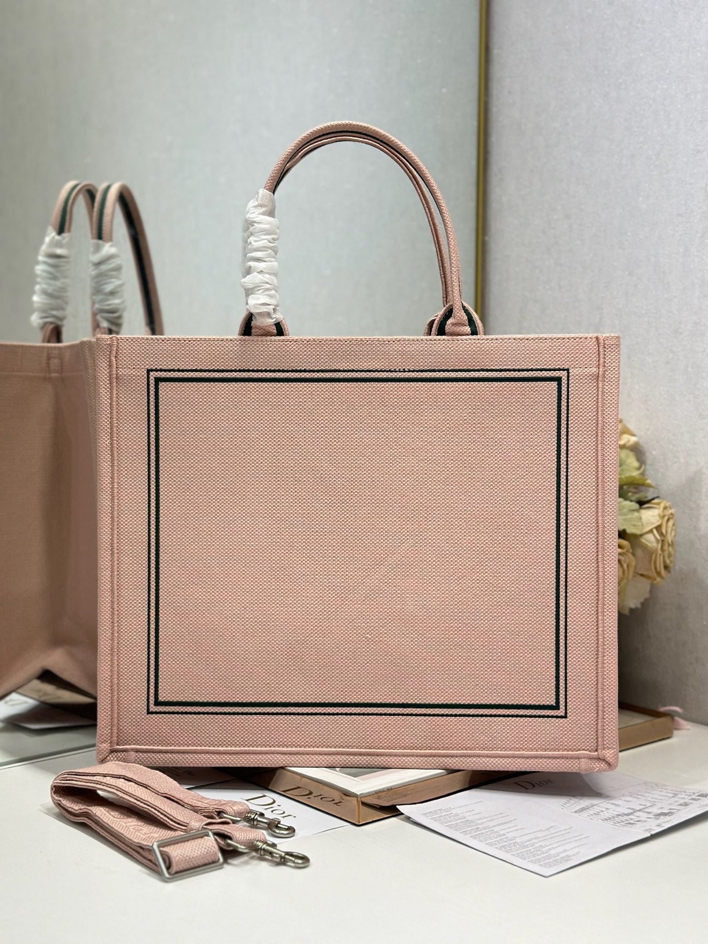 DIOR 26S BOOK TOTE BAG 42 IN PINK EMBROIDERED LETTERING FABRIC