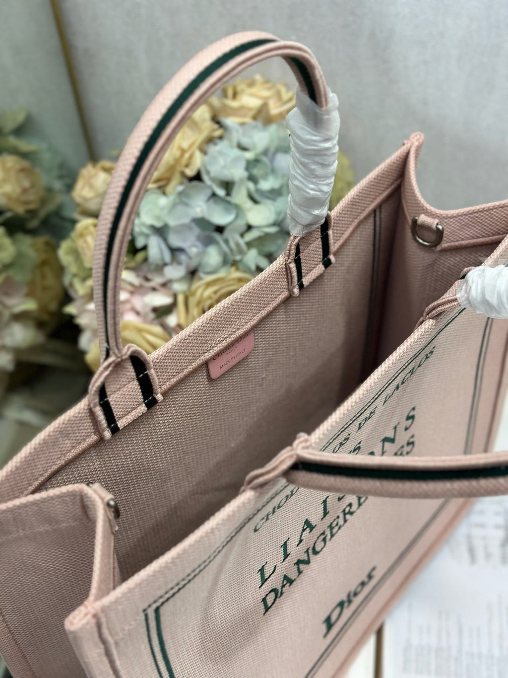DIOR 26S BOOK TOTE BAG 42 IN PINK EMBROIDERED LETTERING FABRIC