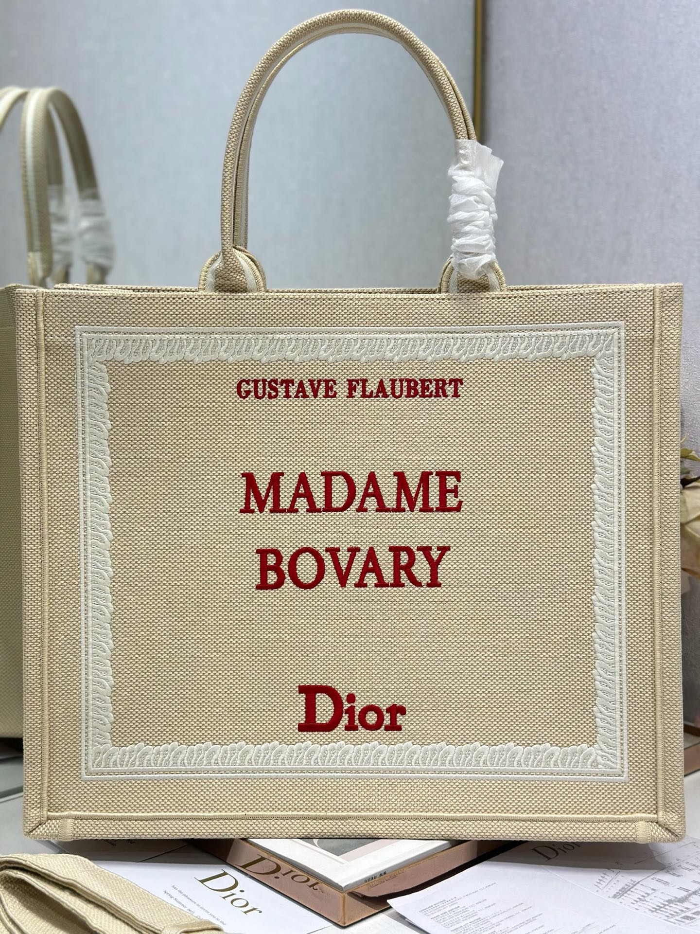 DIOR 26S BOOK TOTE BAG 42 IN BEIGE EMBROIDERED LETTERING FABRIC