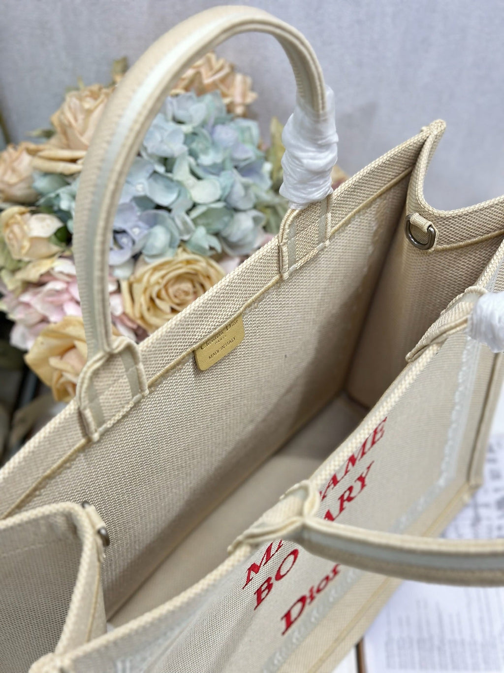 DIOR 26S BOOK TOTE BAG 42 IN BEIGE EMBROIDERED LETTERING FABRIC