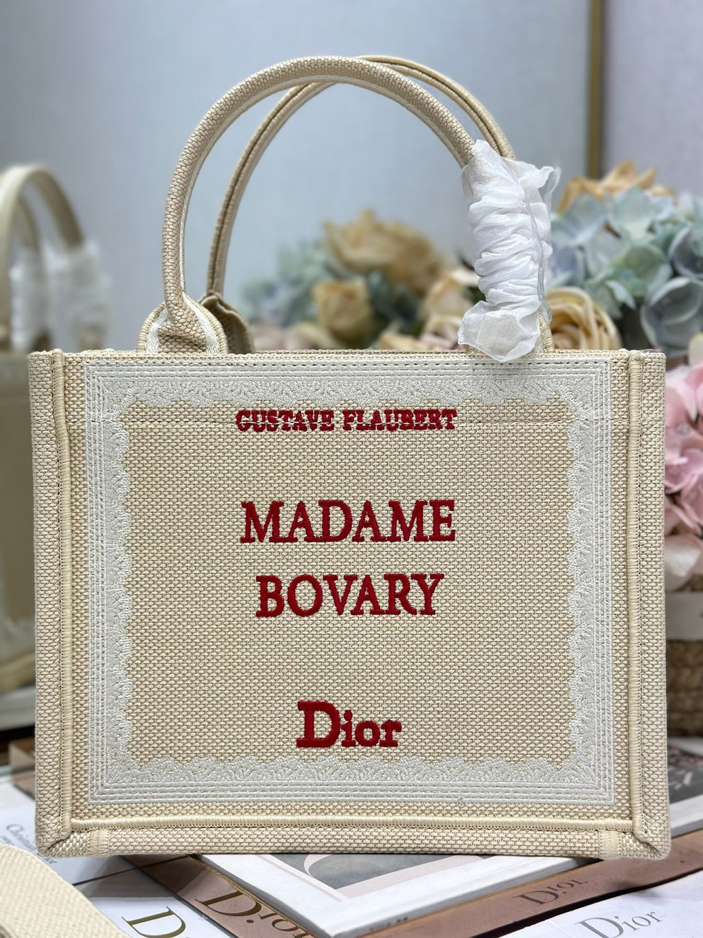 DIOR 26S BOOK TOTE BAG 26 IN BEIGE EMBROIDERED LETTERING FABRIC