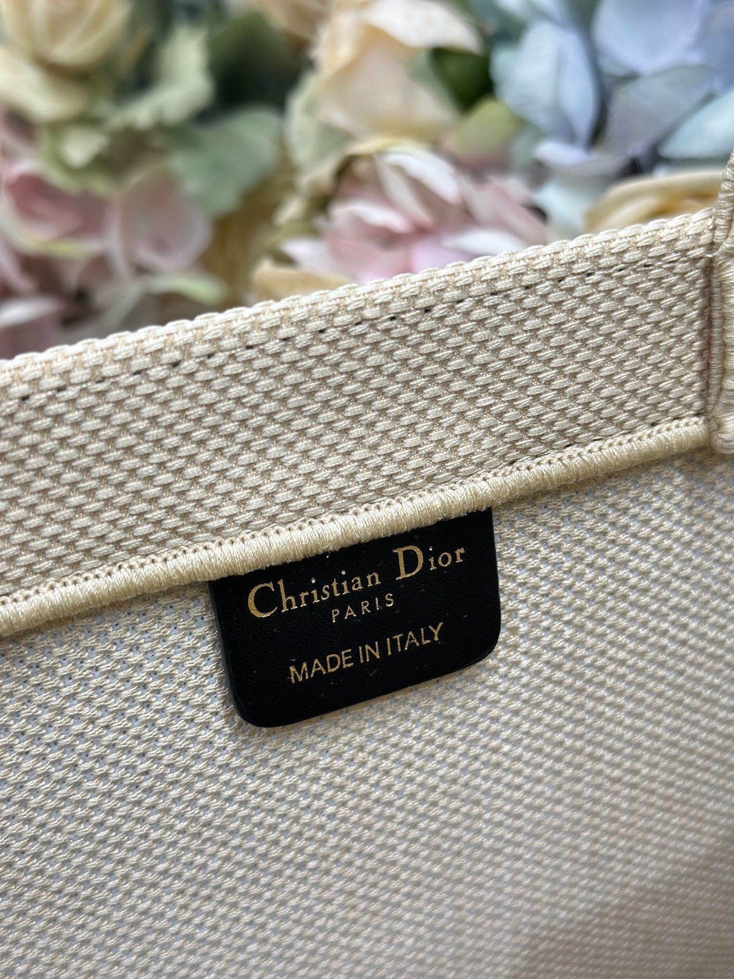 DIOR 26S BOOK TOTE BAG 36 IN BEIGE EMBROIDERED LETTERING FABRIC