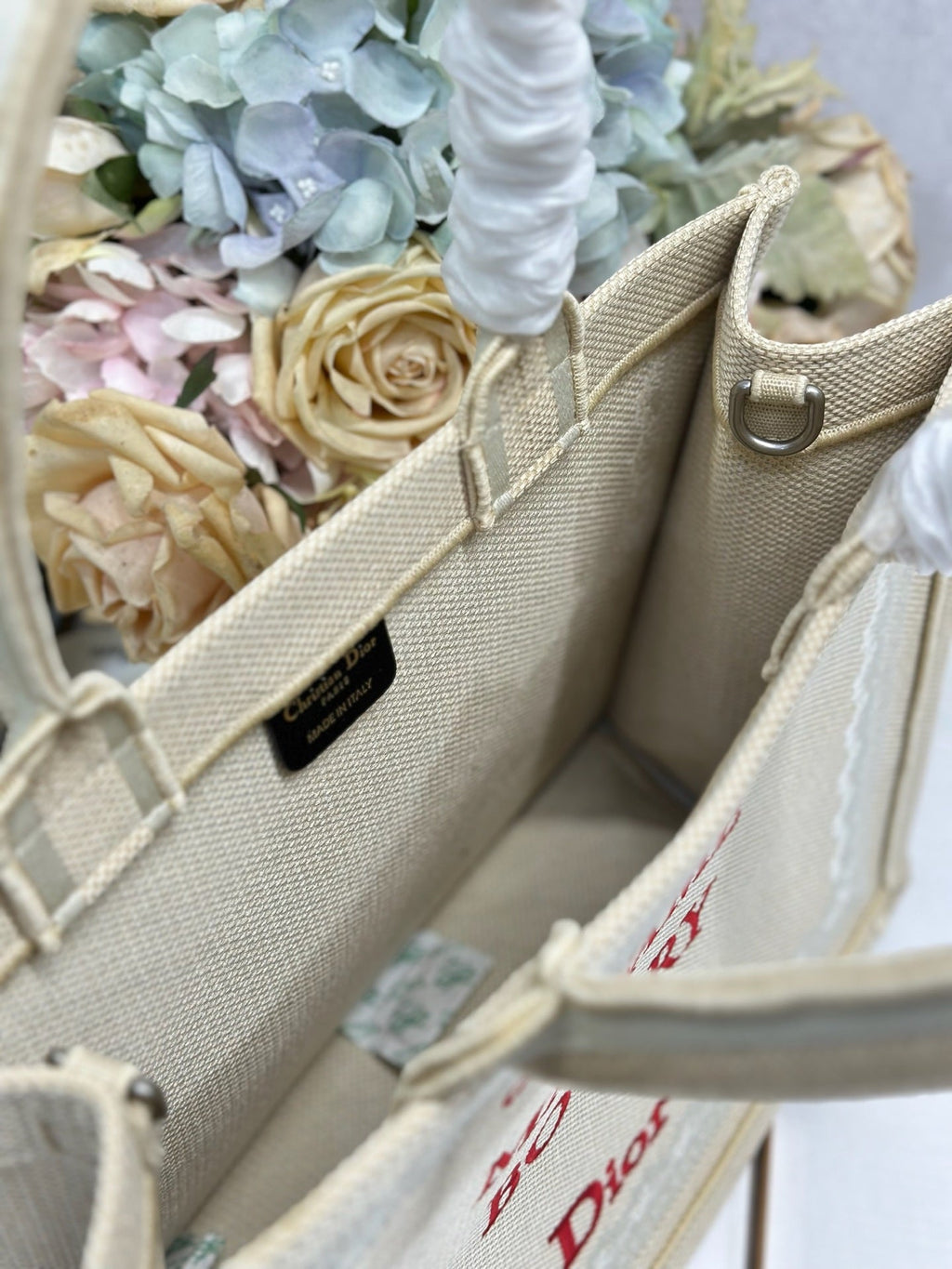 DIOR 26S BOOK TOTE BAG 36 IN BEIGE EMBROIDERED LETTERING FABRIC