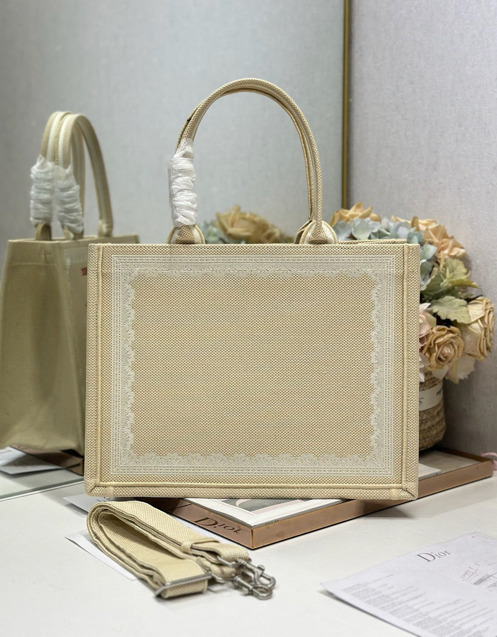 DIOR 26S BOOK TOTE BAG 36 IN BEIGE EMBROIDERED LETTERING FABRIC