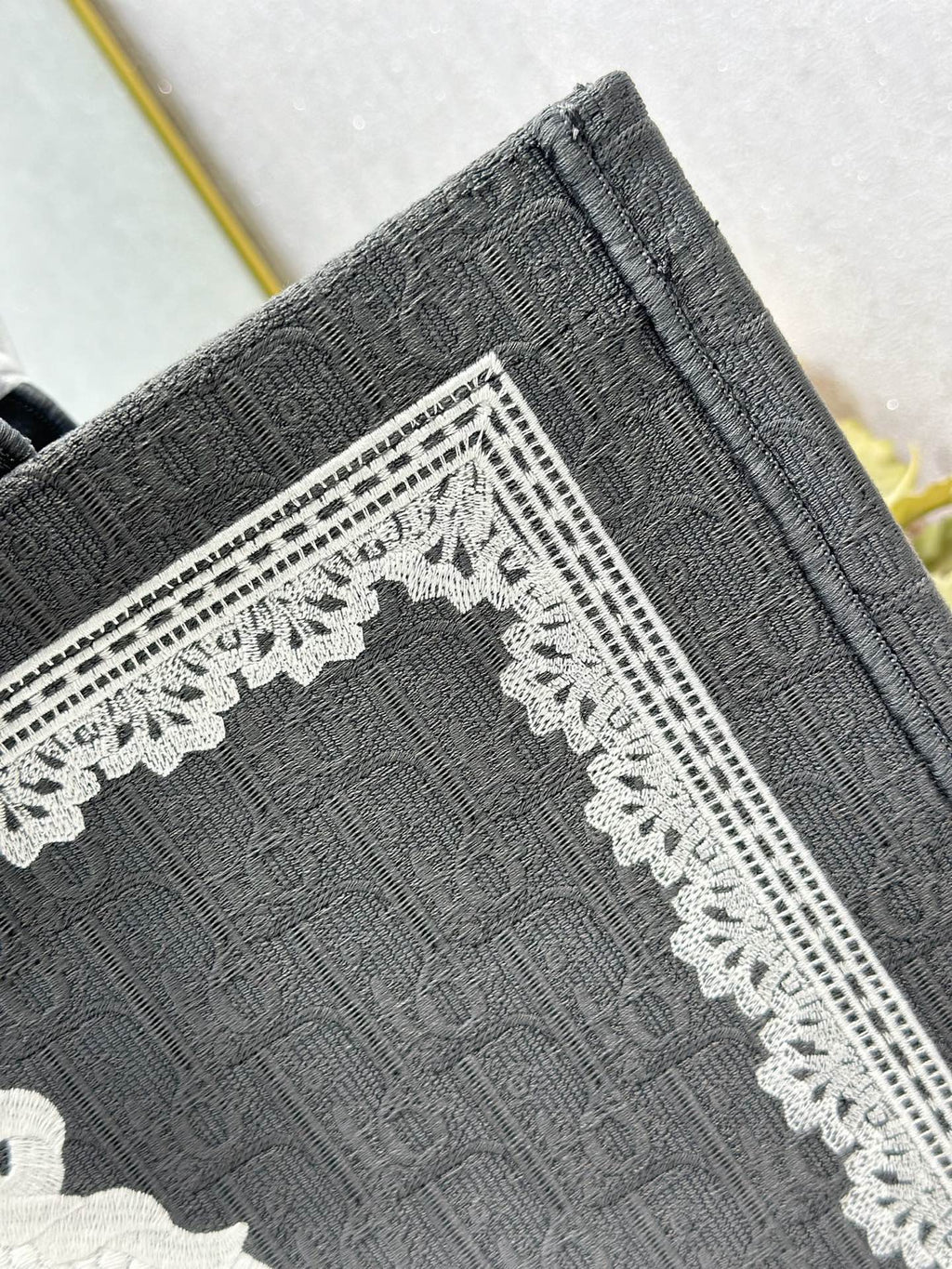 DIOR 26S BOOK TOTE BAG 42 IN GREY AND WHITE LACE BAYADERE FABRIC