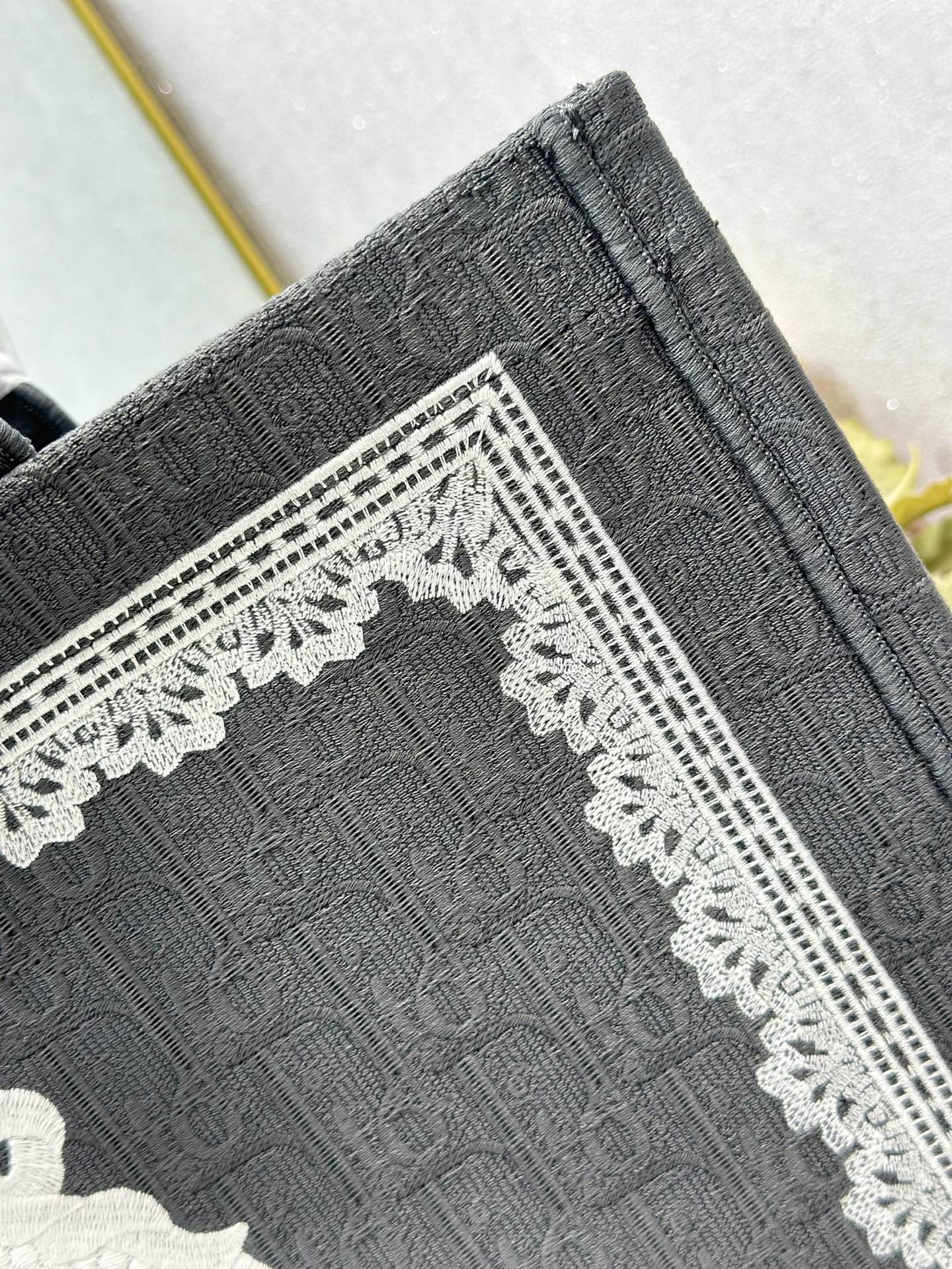 DIOR 26S BOOK TOTE BAG 42 IN GREY AND WHITE LACE BAYADERE FABRIC