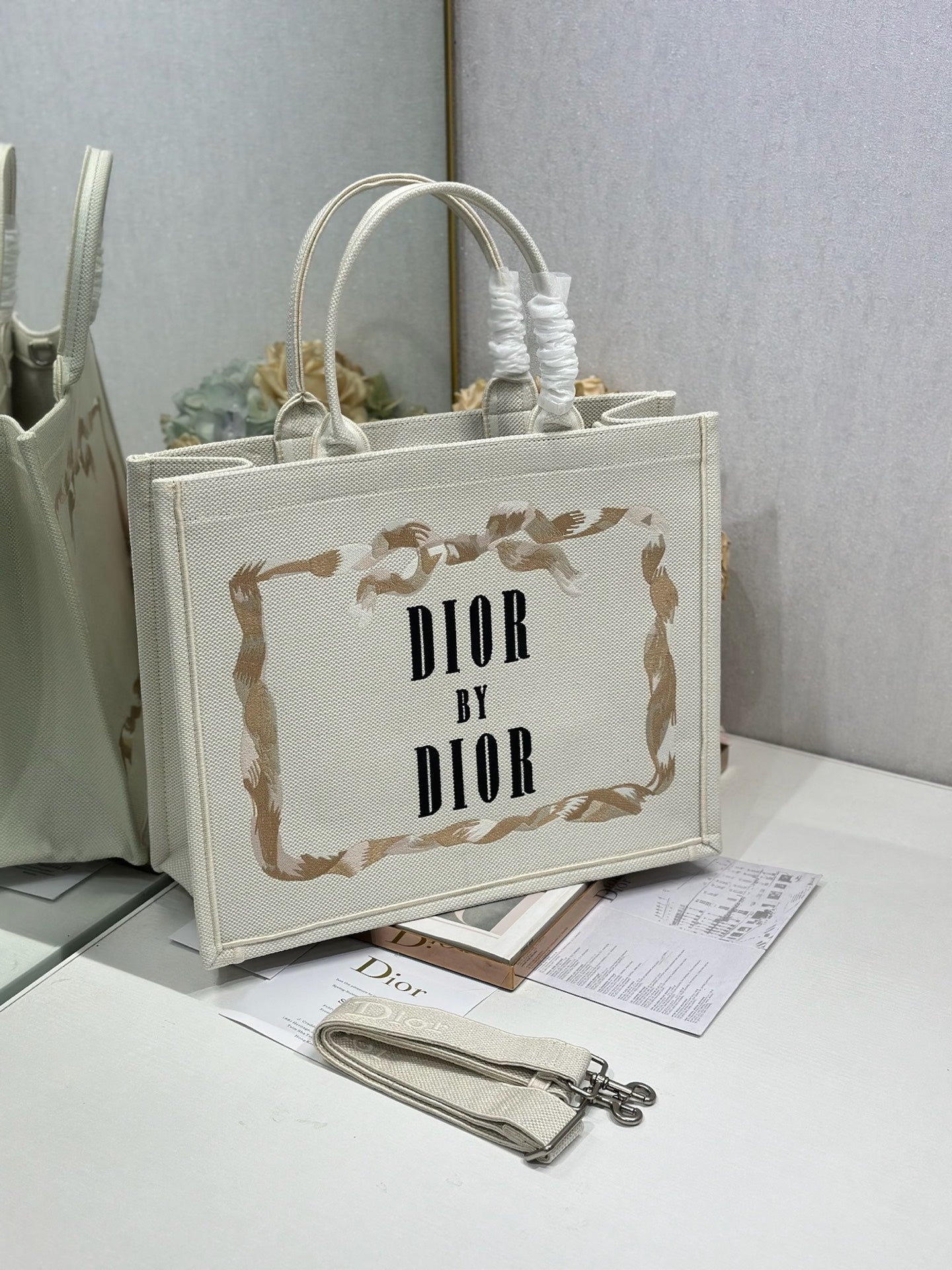 DIOR 26S TOTE BAG 36 IN CREAM BEIGE EMBROIDERED FABRIC