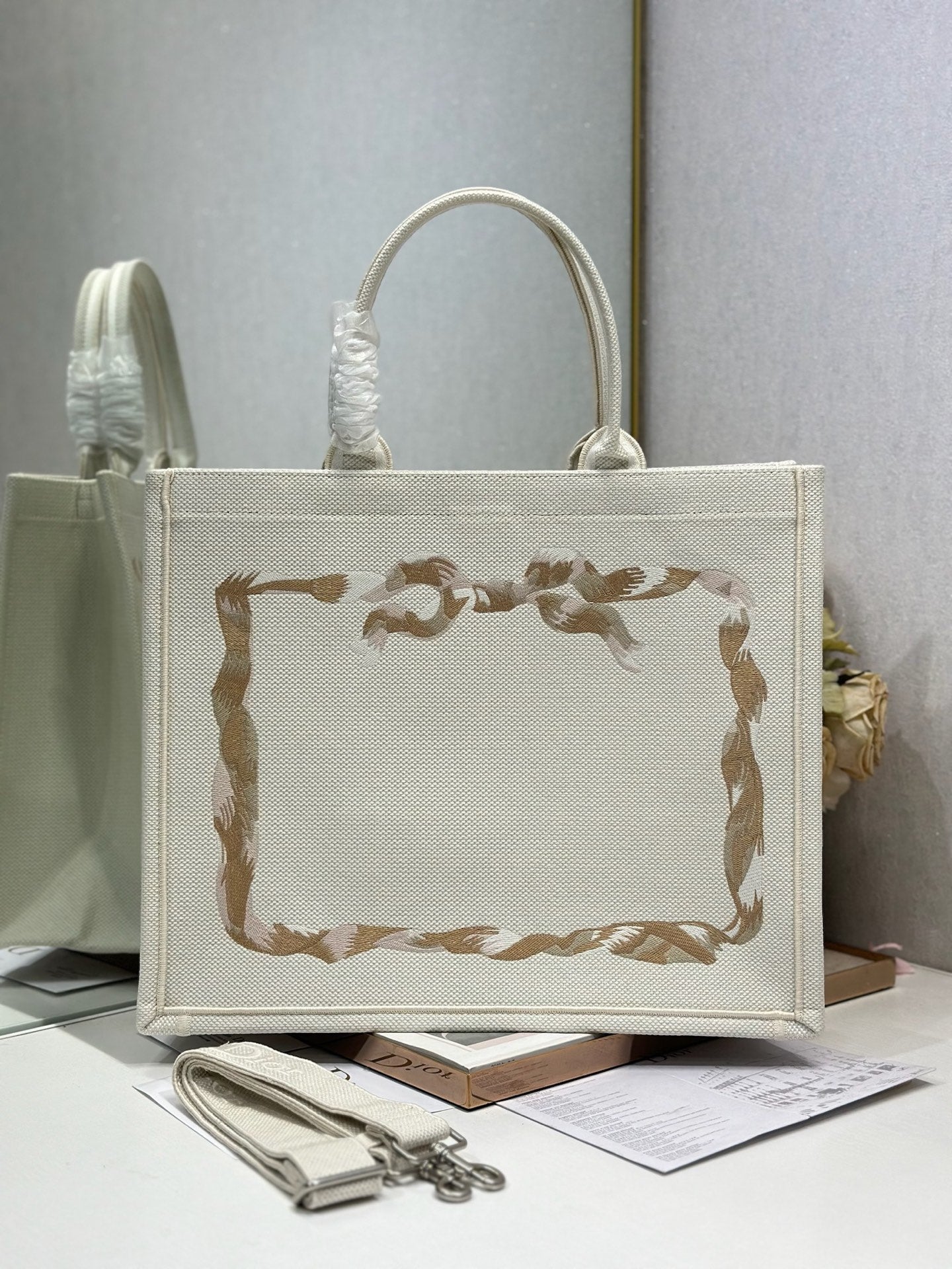 DIOR 26S TOTE BAG 36 IN CREAM BEIGE EMBROIDERED FABRIC